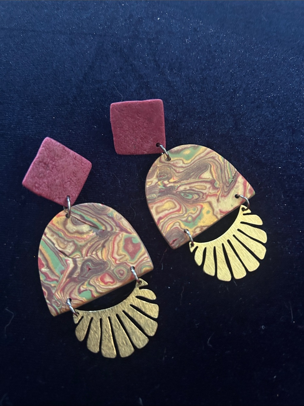 Handcrafted Multicolor Marbled Polymer Drop Earrings with Gold Fan Accent